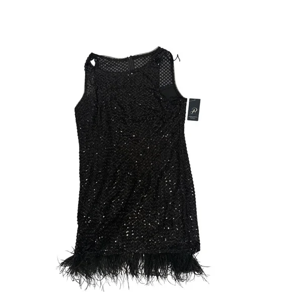 Adrianna Papell Black Sequin Feather Flapper Dress Cocktail Party
